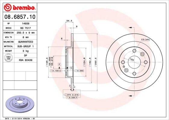 Set (2x) Remschijven achterzijde Brembo premium voor Mazda Mx-3 1.6 I