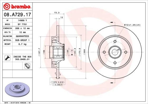Set (2x) Remschijven achterzijde Brembo premium voor Citroen Berlingo 1.6 BlueHDi 100