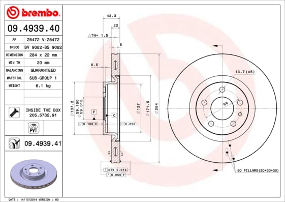 Set (2x) Remschijven voorzijde Brembo premium voor Fiat Punto 1.3 D Multijet