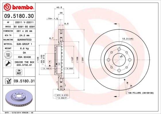 Set (2x) Remschijven voorzijde Brembo premium voor Fiat Bravo type 2 2.0 D Multijet