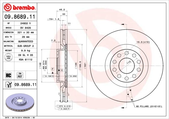 Set (2x) Remschijven voorzijde Brembo premium voor Audi A6 3.7 Quattro