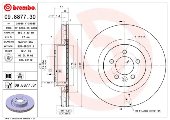 Set (2x) Remschijven voorzijde Brembo premium voor Land Rover Range Rover Sport 4.4 4x4