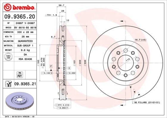 Set (2x) Remschijven voorzijde Brembo premium voor Alfa Romeo 159 1.8 Tbi 