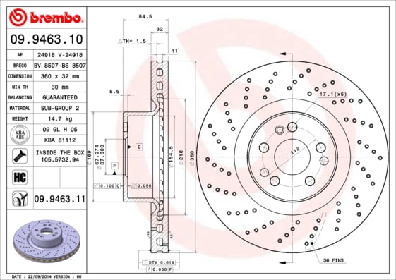 Set (2x) Remschijven voorzijde Brembo premium voor Mercedes-benz S-klasse (w220) S 600 (220.176)