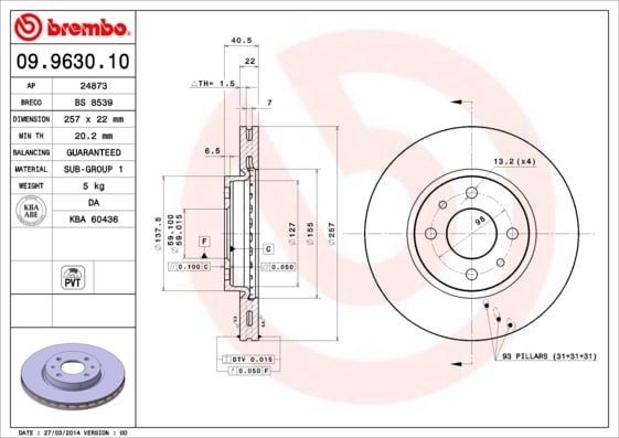 Set (2x) Remschijven voorzijde Brembo premium voor Lancia Dedra 2.0 16v 