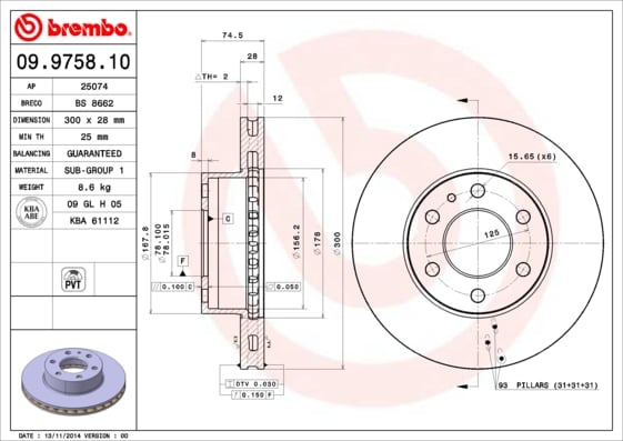 Set (2x) Remschijven voorzijde Brembo premium voor IVeco Daily type 6 Open Laadbak/ Chassis Naturalpower 35s14, 35c14, 40c14, 50c14, 65c14, 70c14,...