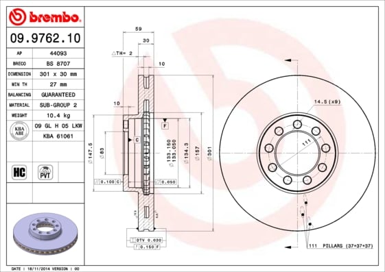 Set (2x) Remschijven voorzijde Brembo premium voor IVeco Daily type 5 Open Laadbak/ Chassis 35c17, 35c17d, 35s17, 40c17, 45c17, 50c17, 60c17, 70c17
