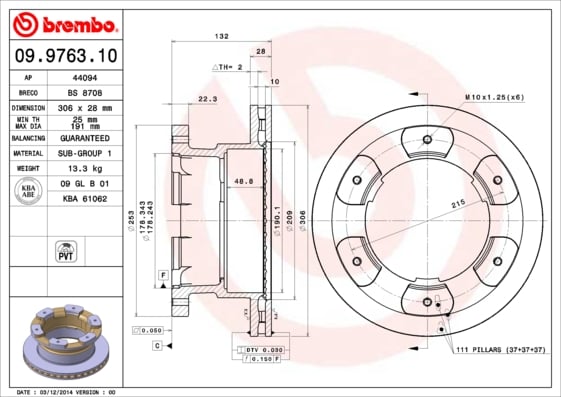 Set (2x) Remschijven achterzijde Brembo premium voor IVeco Daily type 6 Open Laadbak/ Chassis 35s17, 35c17, 40c17, 45c17, 50c17, 55c17, 65c17, 70c17