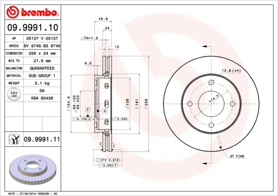 Set (2x) Remschijven voorzijde Brembo premium voor Mitsubishi Colt type 6 1.1 Lpg