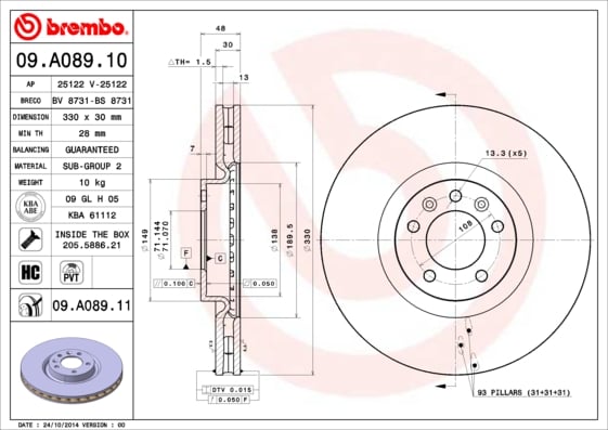 Set (2x) Remschijven voorzijde Brembo premium voor Citroen C5 type 3 Break 2.2 Hdi 165