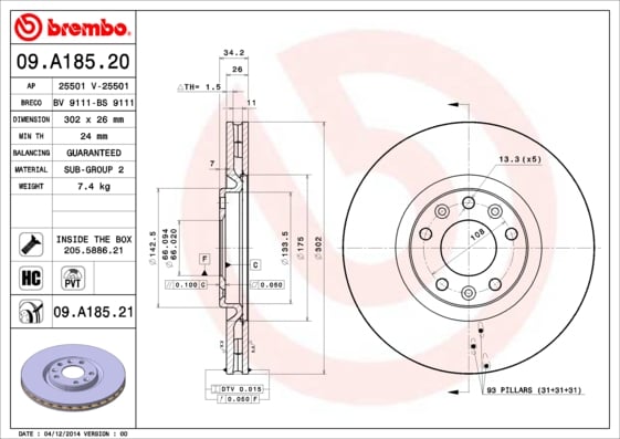 Set (2x) Remschijven voorzijde Brembo premium voor Citroen Ds4 1.6 Thp 155