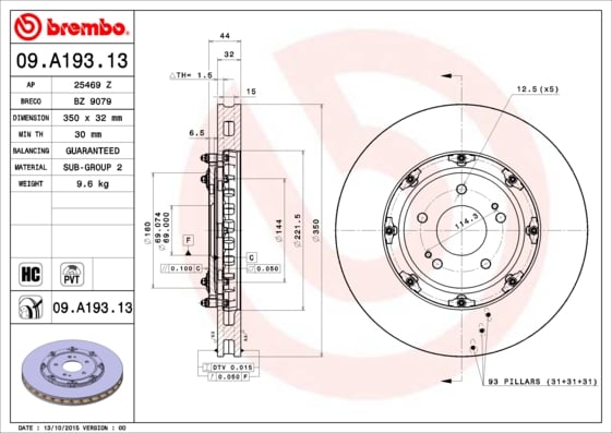 Set (2x) Remschijven voorzijde Brembo premium voor Mitsubishi Lancer type 8 Evo X 