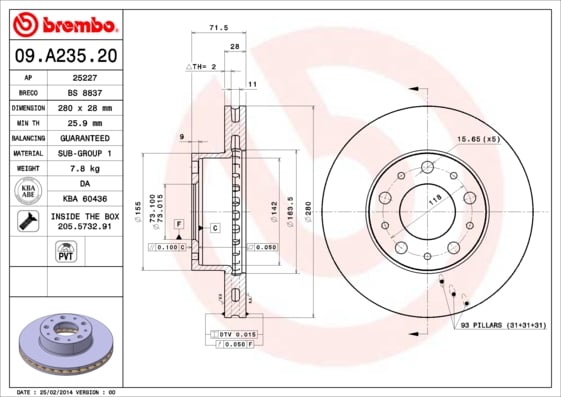 Set (2x) Remschijven voorzijde Brembo premium voor Fiat Ducato Open Laadbak/ Chassis 130 Multijet 2,3 D