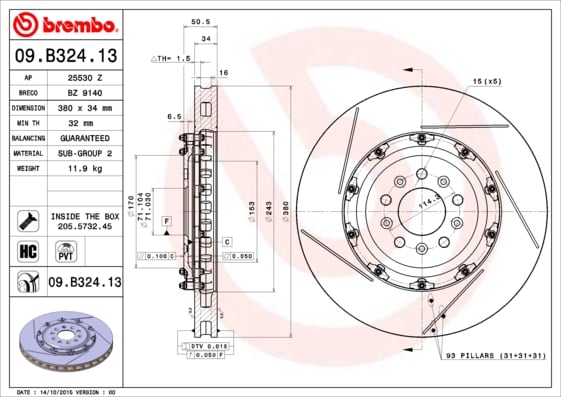 Set (2x) Remschijven voorzijde Brembo premium voor Aston Martin Vantage Volante 4.7 S