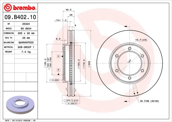 Set (2x) Remschijven voorzijde Brembo premium voor Toyota Hiace / Commuter type 5 2.7 
