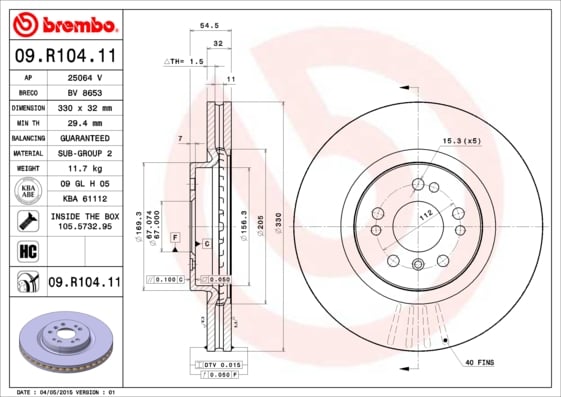 Set (2x) Remschijven voorzijde Brembo premium voor Mercedes-benz R-klasse (w251, V251) R 350 Cdi 4-matic (251.124, 251.125)